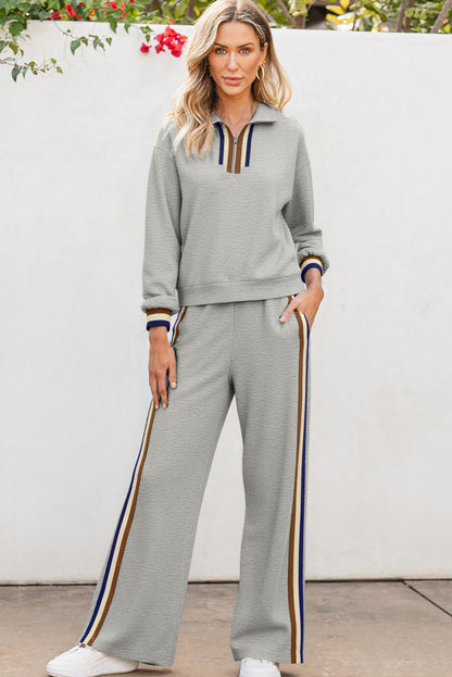 Gray Striped Patchwork Quarter Zip Pullover Loose Pant Set