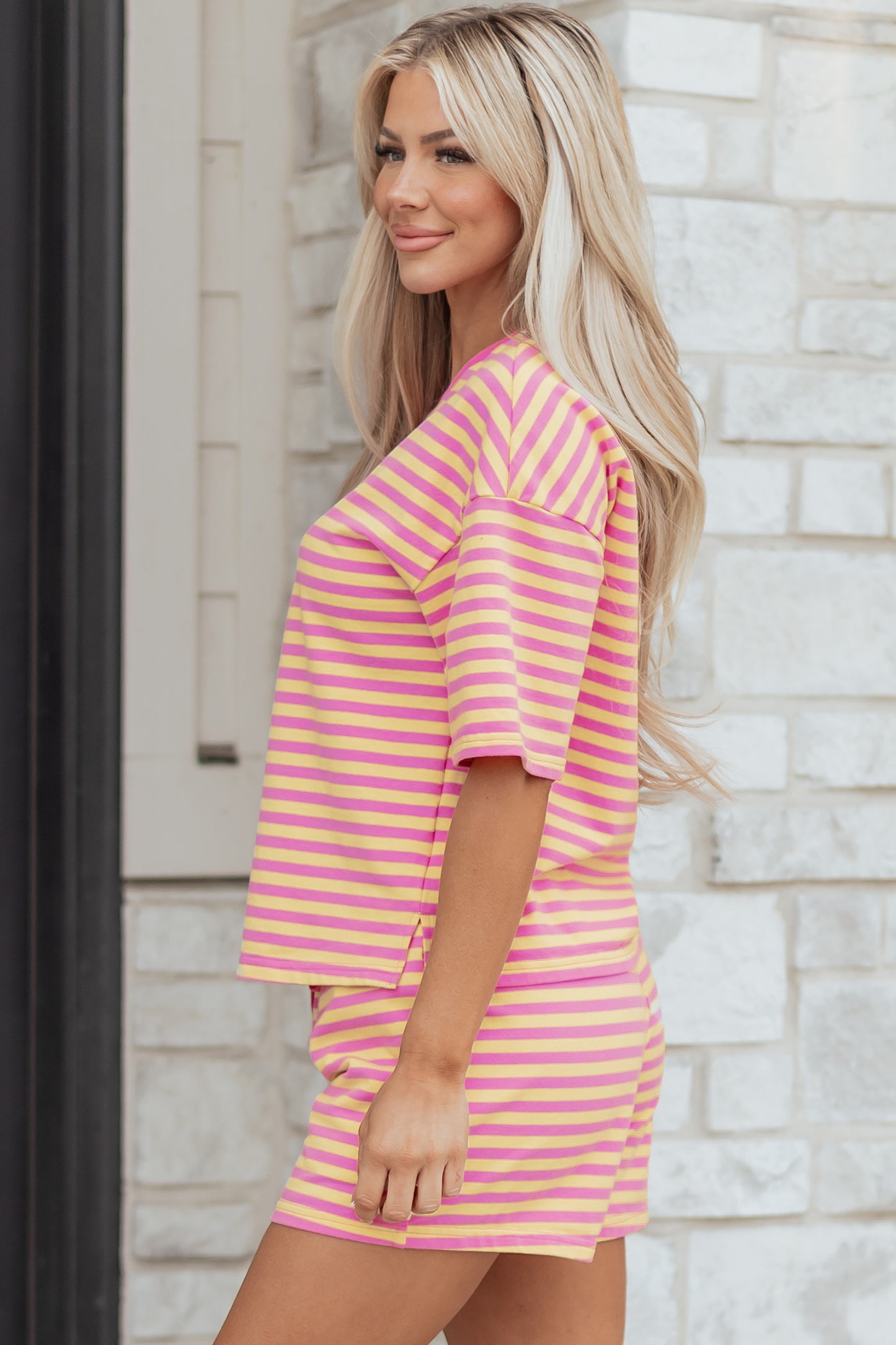 Yellow Stripe Drop Shoulder Boxy Casual Terry Short Set