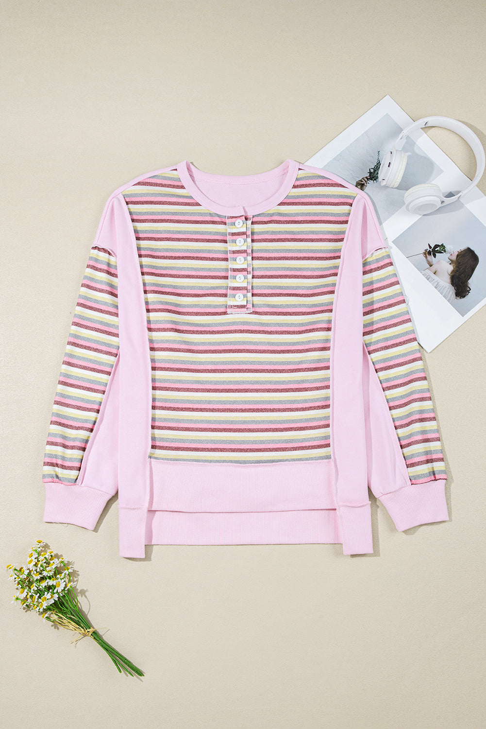 Pink Exposed Seam Color Block Striped Patchwork Loose Henley Sweatshirt