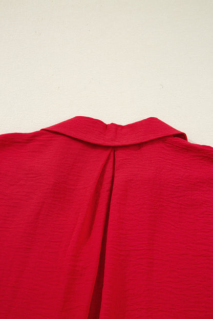 Fiery Red V Neck Collared Shirred 3/4 Sleeve Oversized Tunic Top