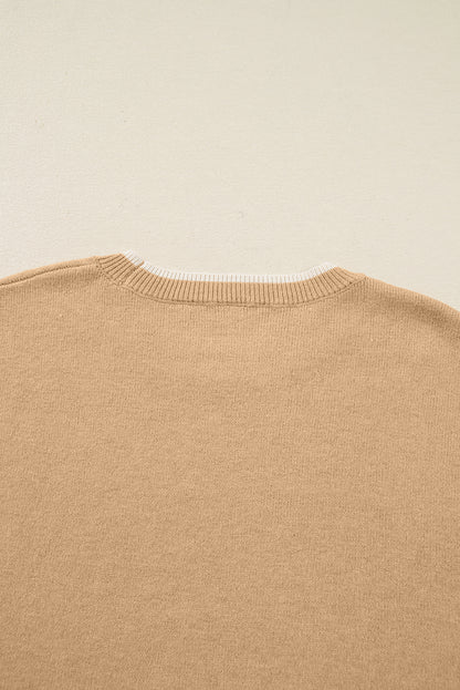 Tan Plus Size Leopard Bow Decor Split Cuffs Loose Sweater