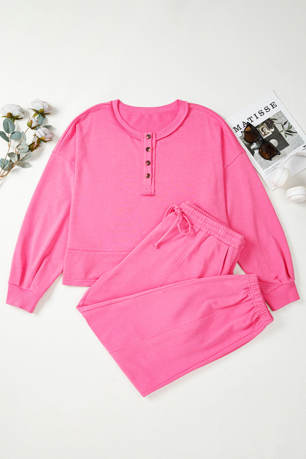 Bright Pink Plus Size Henley Drop Shoulder Pullover and Jogger Pants Two Piece Set
