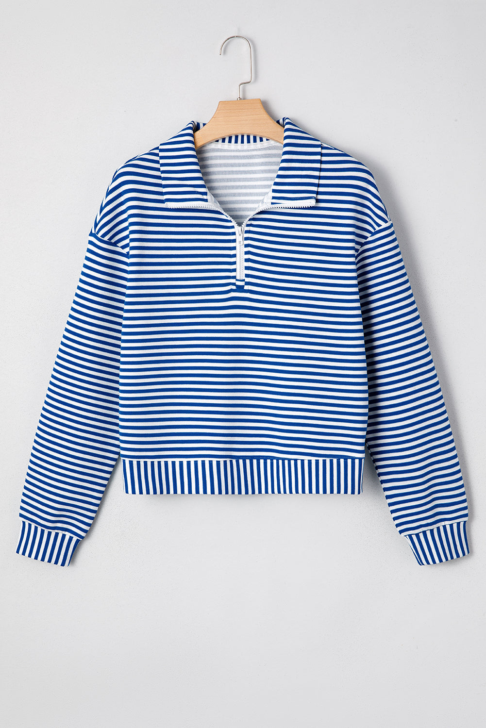 Green Stripe Quarter Zip Collar Pullover Long Sleeve Top
