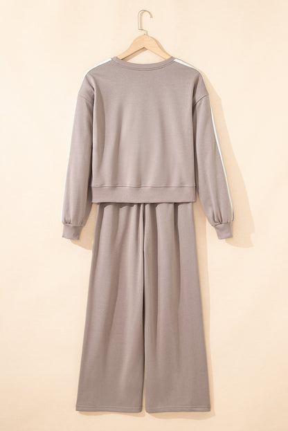 Oatmeal Varsity Striped Detail Crewneck Pullover Elastic Sweatpants 2pcs Outfit