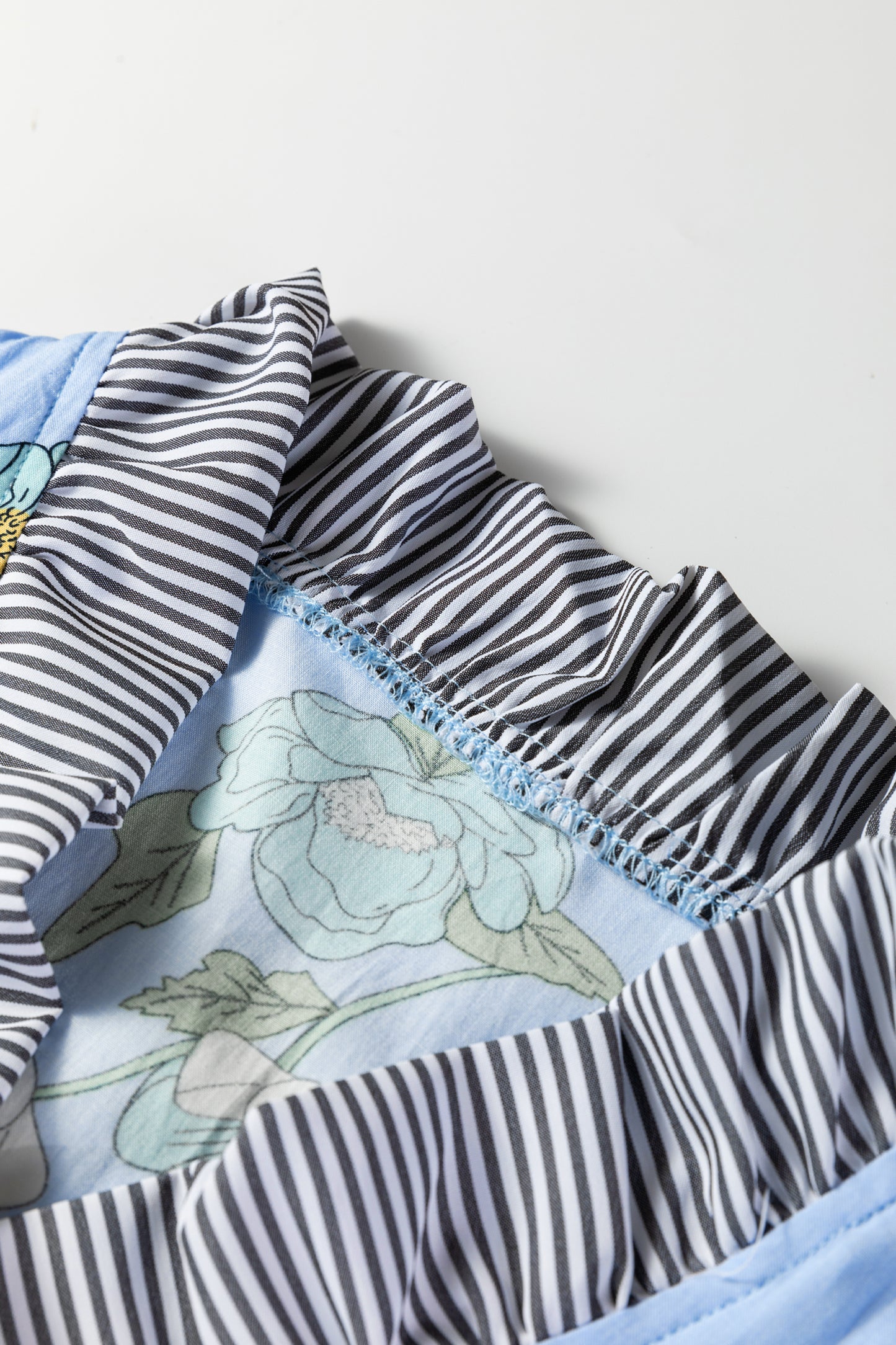 Sky Blue Floral Print Contrast Striped Trim Ruffled V Neck Fall Blouse