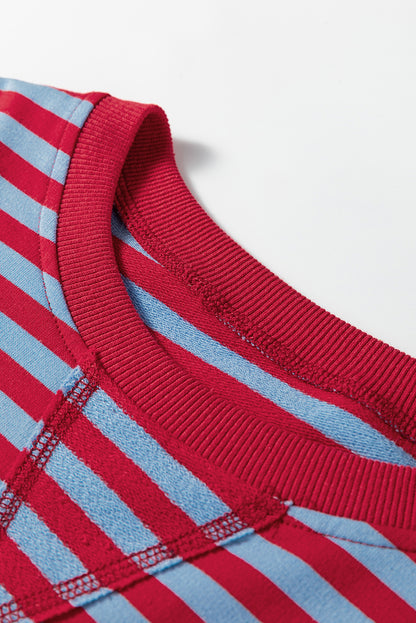 Red Stripe Exposed Seam Contrast Ribbed Trim Oversize Sweatshirt