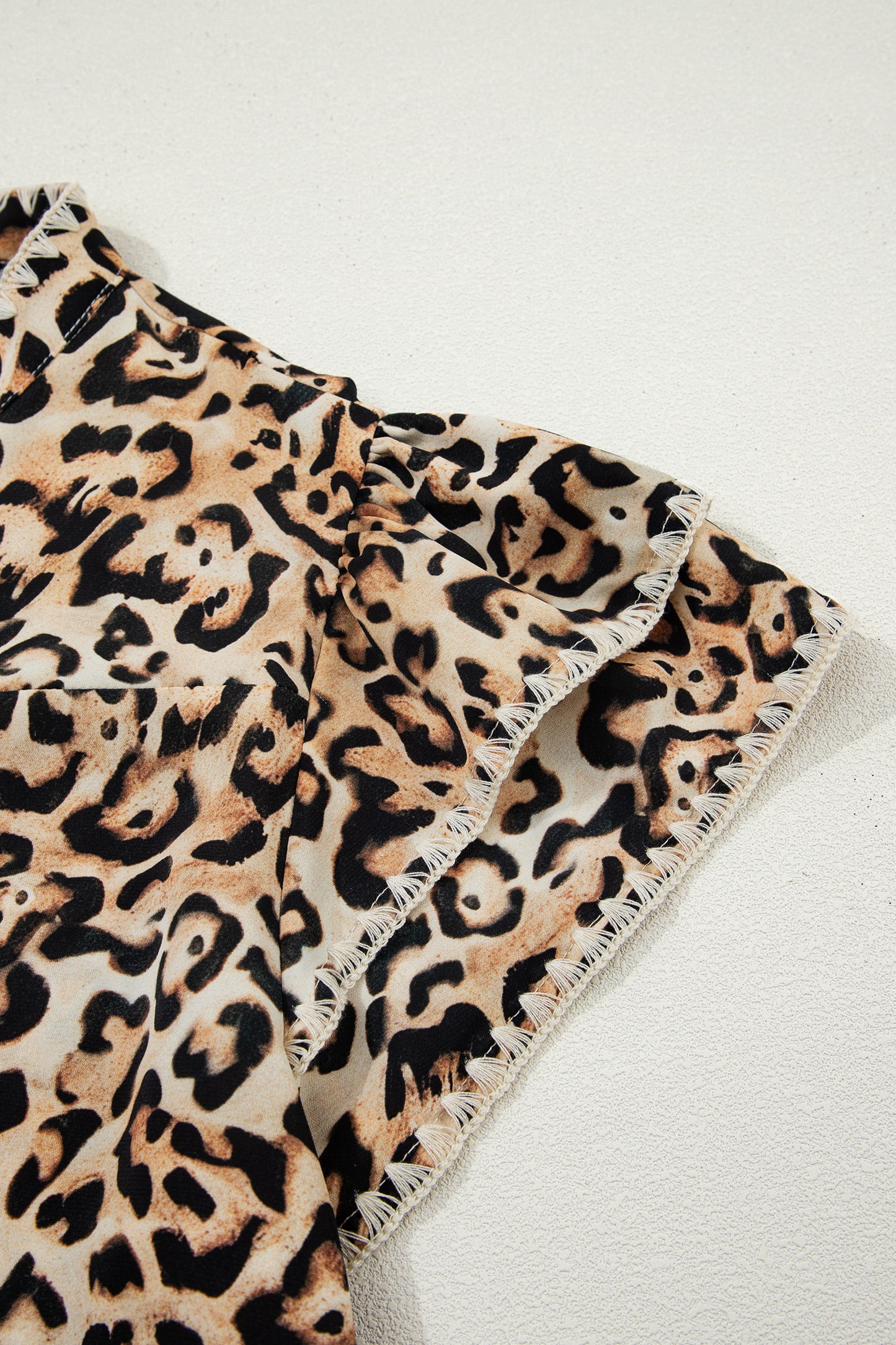Khaki Plus Size Leopard Print Stitch Detail Ruffled Short Sleeve Blouse