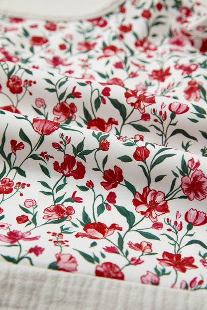 Sky Blue Floral Print Gauze Patchwork Henley Button 3/4 Sleeve Blouse