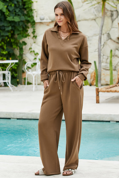 Coffee Solid Color V Neck Top and High Waist Pants Set