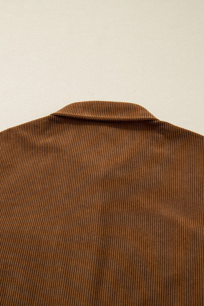 Camel Corduroy Full Buttoned Collared Shirt Style Plus Size Dress