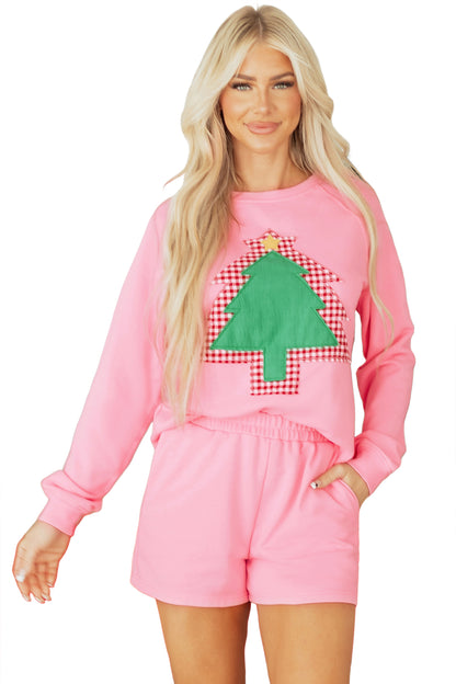 Sachet Pink Plaid Contrasted Double Christmas Tree Patched Raglan Sleeve Pullover 2pcs Short Set