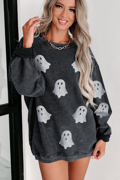 Pink Halloween Ghost Corded Crew Neck Loose Sweatshirt
