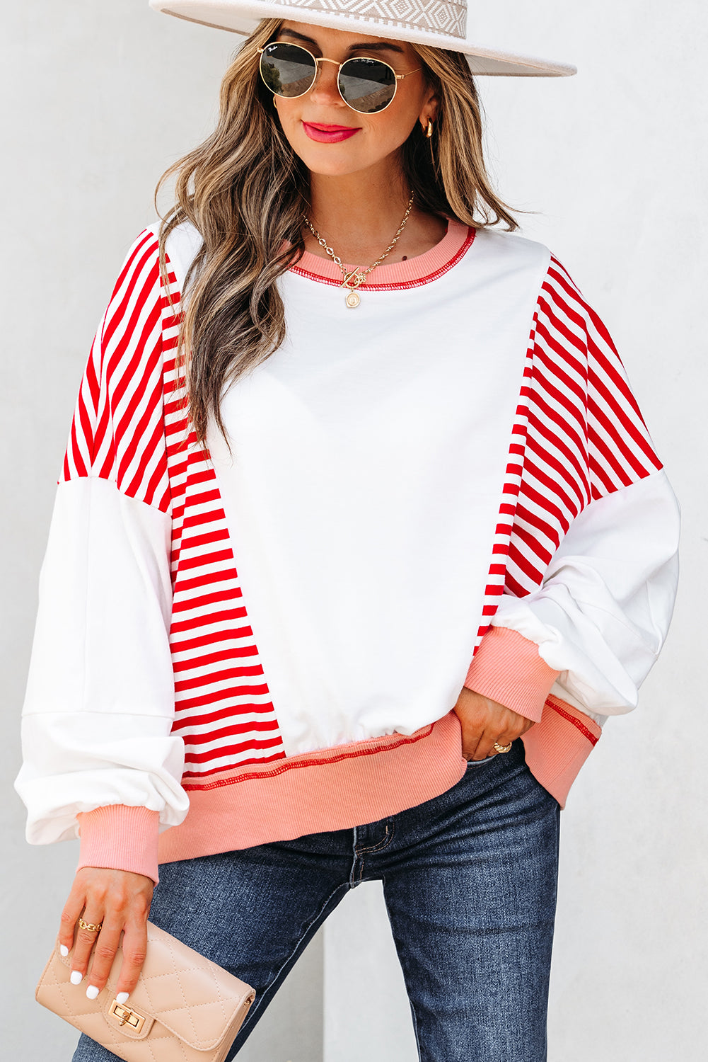 Red Stripe Colorblock Patchwork Contrast Stitching Oversize Sweatshirt