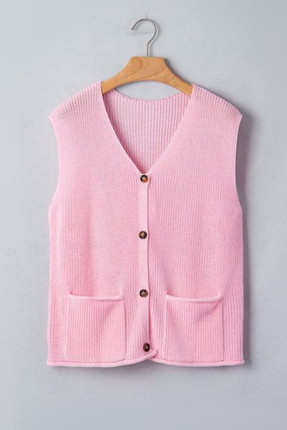 Pink Solid Color Knit V Neck Button Front Sweater Vest