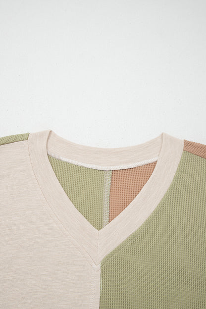Green Plus Mixed Texture Color Block Patchwork V Neck Long Sleeve Top