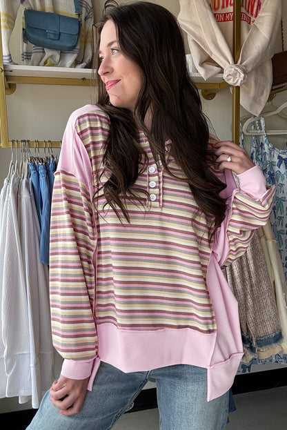 Pink Exposed Seam Color Block Striped Patchwork Loose Henley Sweatshirt