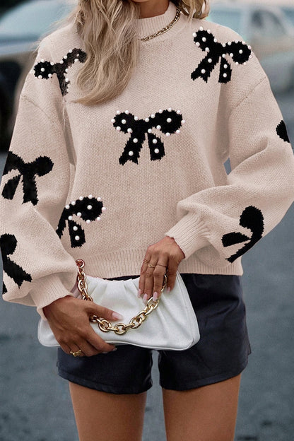 Racing Red Pearl Embellished Bow Pattern Loose Sweater