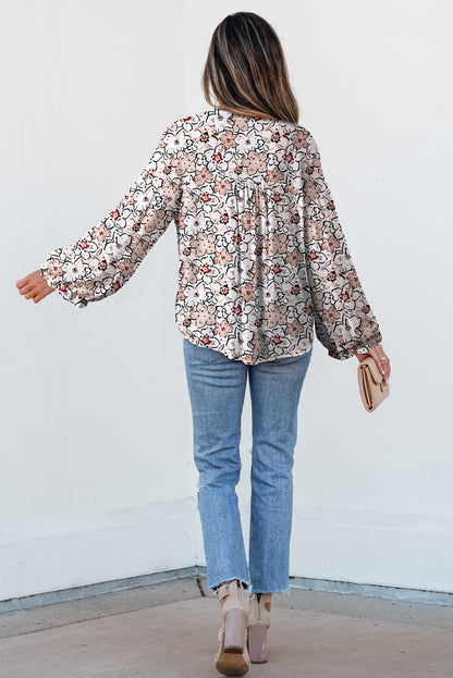 Khaki Bold Floral Print Frilled Puff Sleeve Button Down Shirt