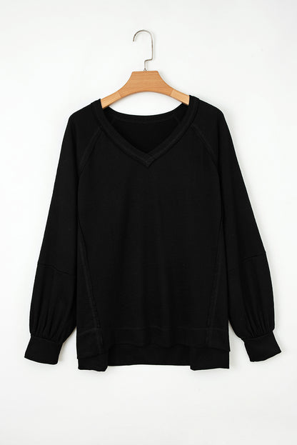 Black Exposed Seam Textured Knit V Neck Pullover Top