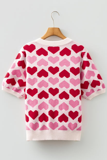 Sachet Pink 2-tone Heart Print Valentine Crew Neck Short Sleeve Sweater