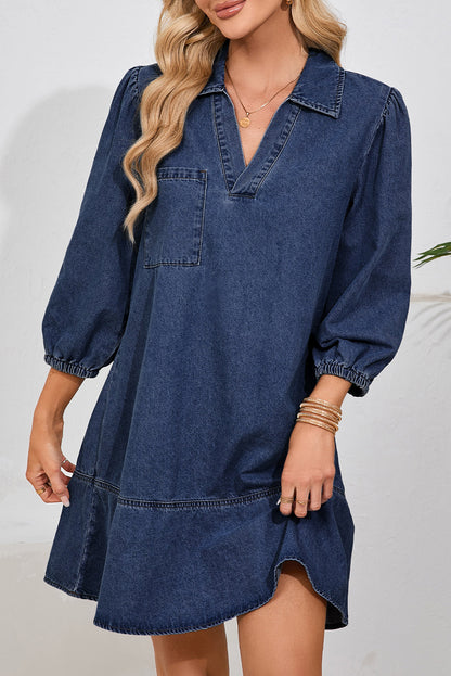 Sail Blue V Neck Collared Single Chest Pocket Long Sleeve Denim Dress