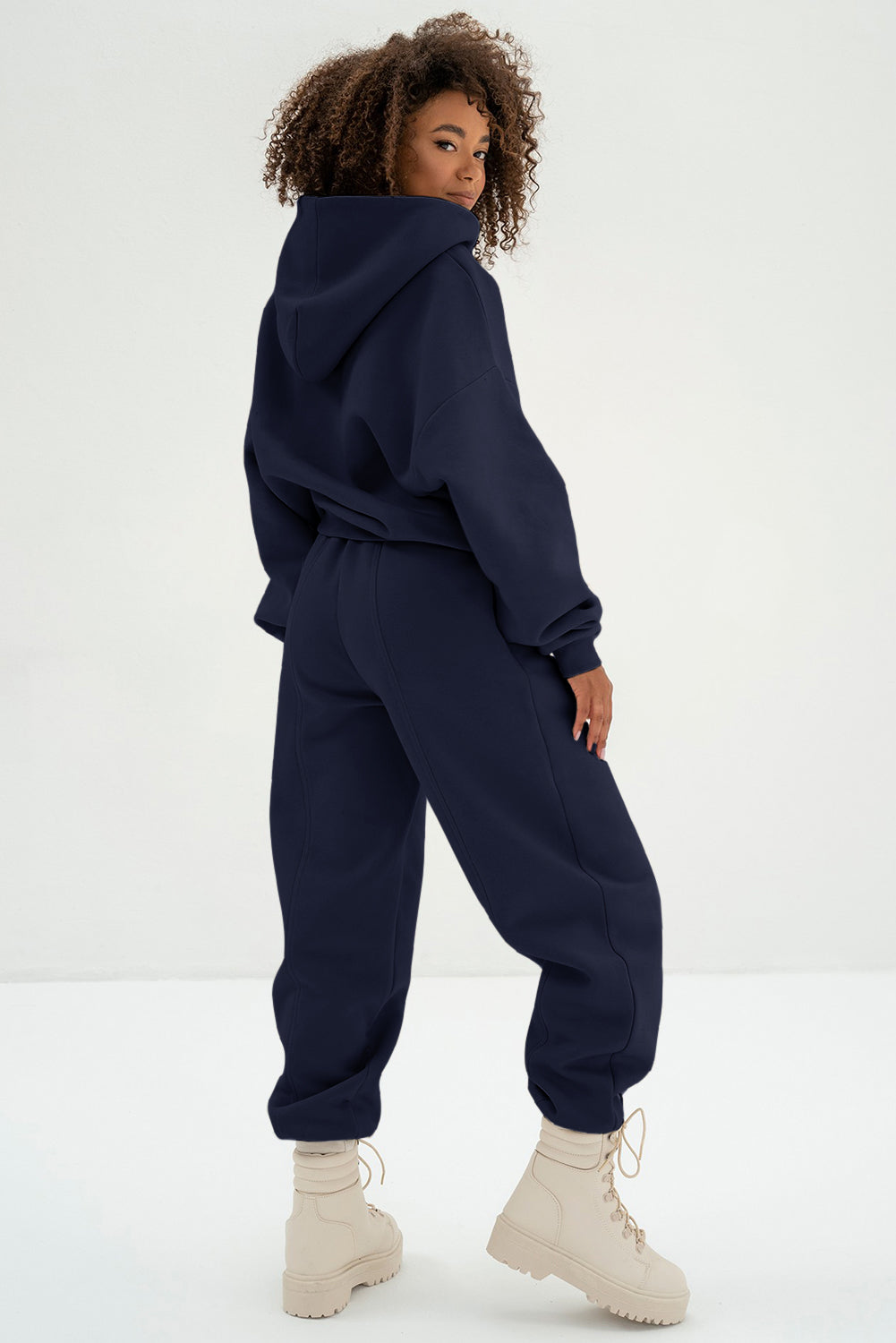 Navy Blue Solid Exposed Seams Hoodie and Joggers Activewear Set