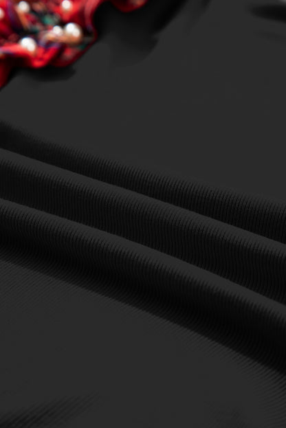 Racing Red Plaid Pearl Ruffle Short Sleeve Loose T Shirt