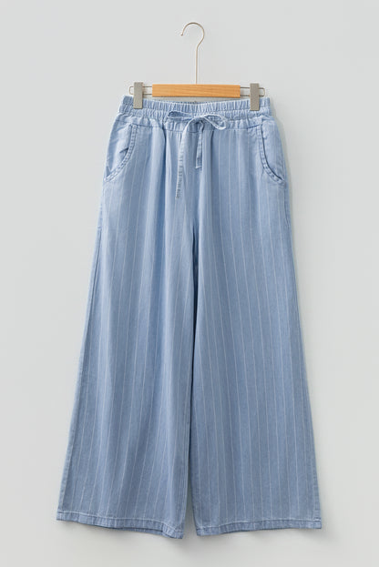 Sky Blue Stripe Chambray Wide Leg Tied Elastic Waist Trousers