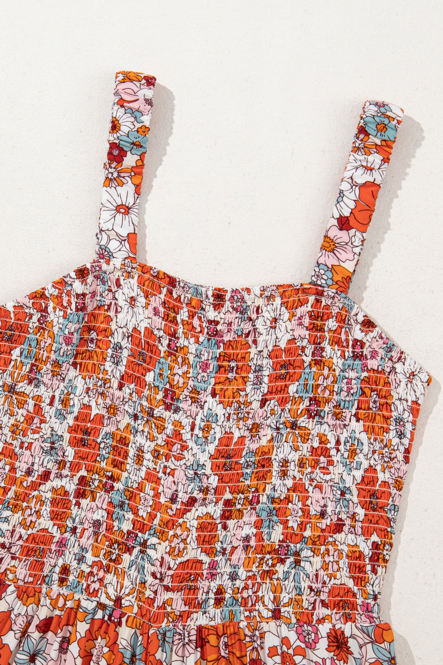 Orange Floral Print Sleeveless Smocked Shift Jumpsuit