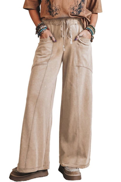 Smoke Gray Mineral Wash Drawstring Retro High Waist Wide Leg Western Pants