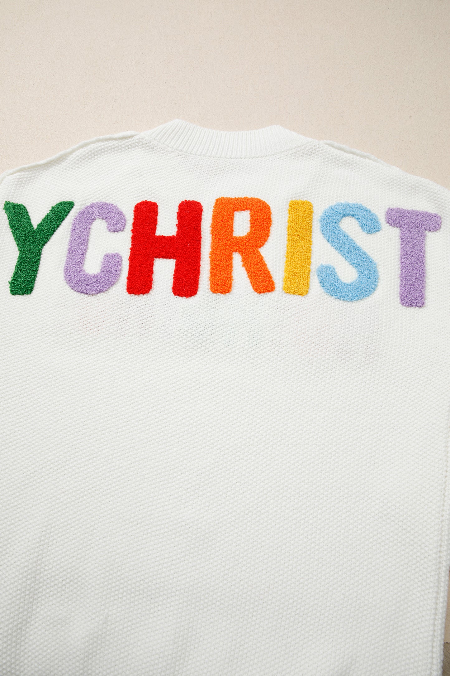 White HOHOHO MERRY CHRISTMAS Chenille Graphic Drop Shoulder Holiday Sweater