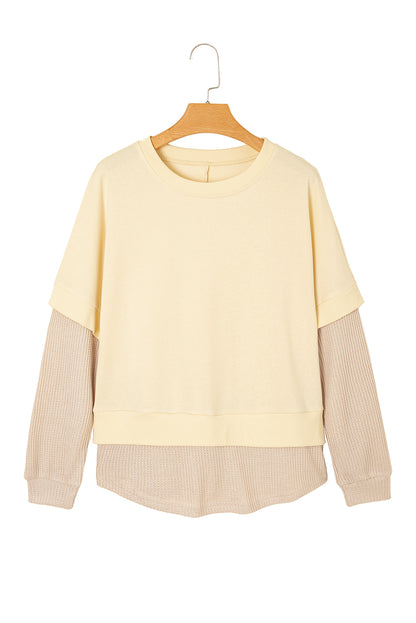 Apricot 2 in 1 Faux Two Piece Patchwork Round Neck Sweatshirt