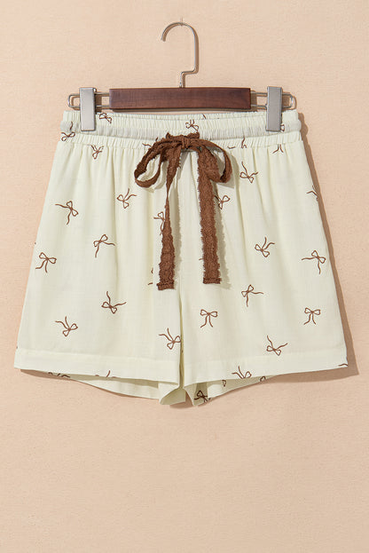 White Bow Print Lace Drawstring Elastic Waistband Casual Shorts
