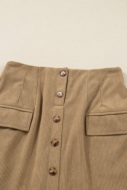 Camel Corduroy Buttoned Front Faux Pockets Mini Skirt