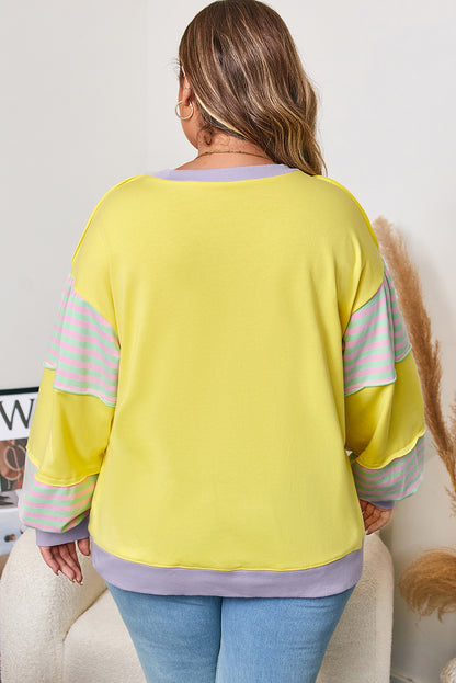 Yellow Striped Color Block Patchwork Crewneck Plus Size Pullover Sweatshirt