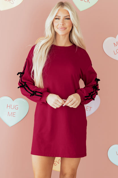 Racing Red Contrast Striped Bow Detail Drop Shoulder Sweatshirt Dress with Pockets