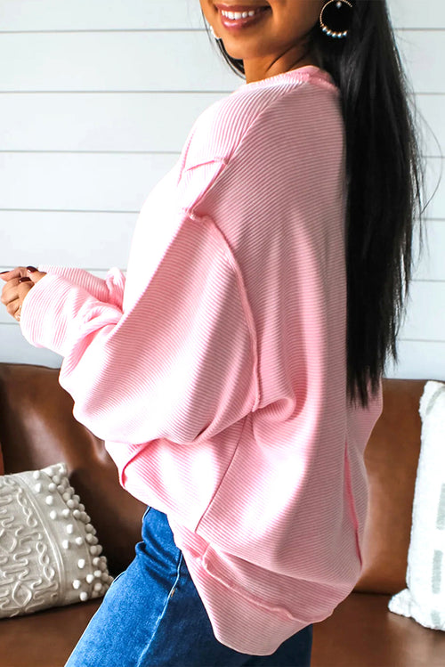 Pink Horizontal Ribbed Exposed Seam Detail Long Sleeve Top