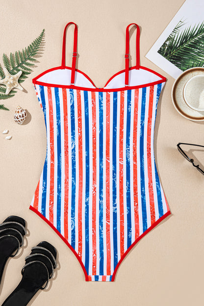 Red July 4th Stripes Star Floral Impression Cutout Spaghetti Straps One Piece Swimsuit