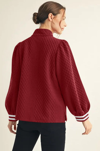 Racing Red Rhombus Textured Striped Patchwork Zip Neck Pullover Sweatshirt