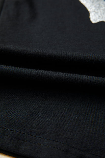 Black Glitter Ghost Pattern Crew Neck Halloween T Shirt