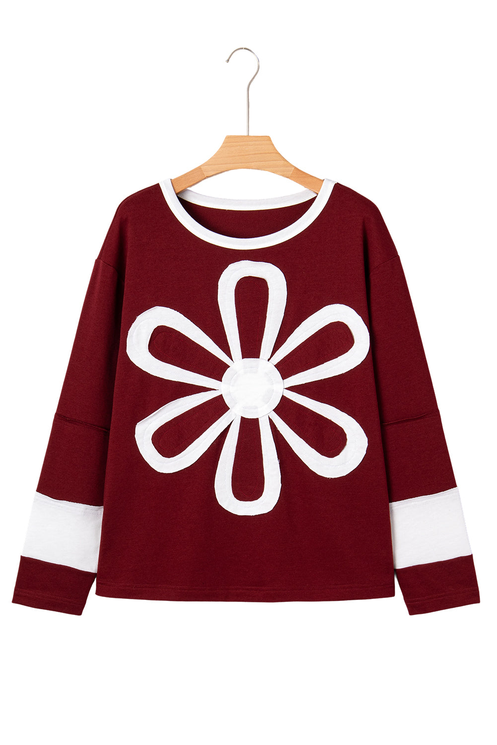 Red Dahlia Cheerful Daisy Flower Patched Round Neck Long Sleeve Top