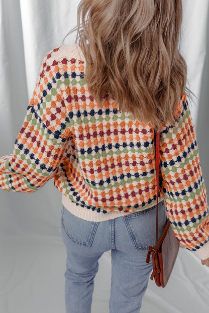 Multicolour Dotty Striped Pattern Knit Drop Shoulder Sweater