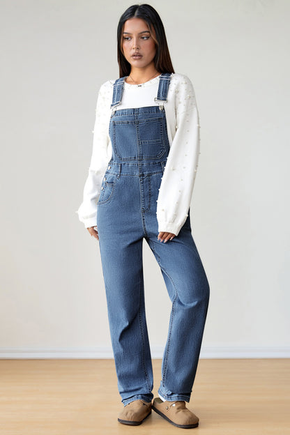 Dark Blue Retro Bib Pocket Buckle Straps Casual Denim Jumpsuit