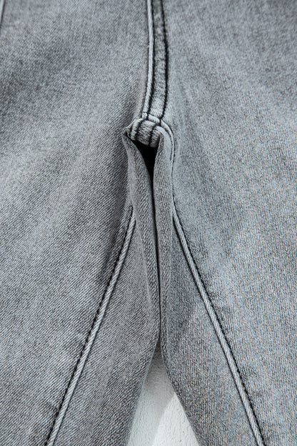 Gray Drawstring Seam Detail Raw Hem Wide Leg Denim Pants