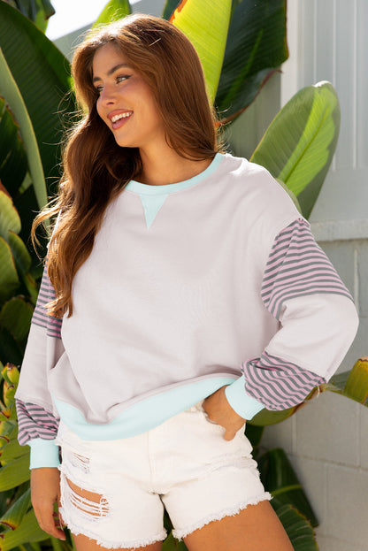 Parchment Striped Colorblock Patchwork Drop Shoulder Sweatshirt