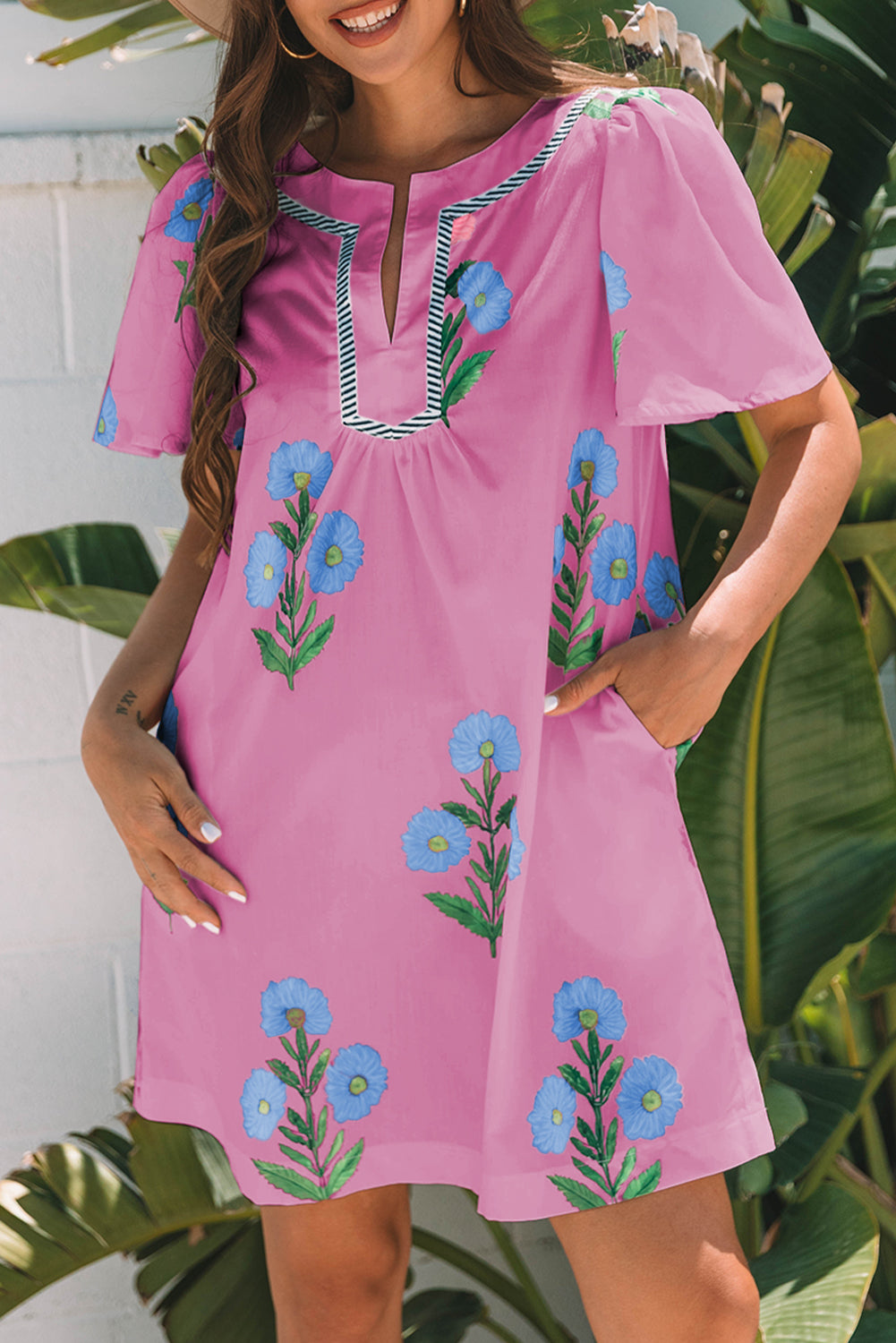 Blue Floral Short Sleeve Split Neck Loose Mini Dress