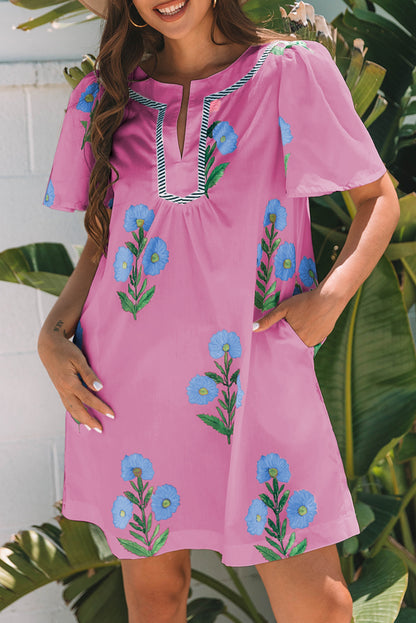 Blue Floral Short Sleeve Split Neck Loose Mini Dress