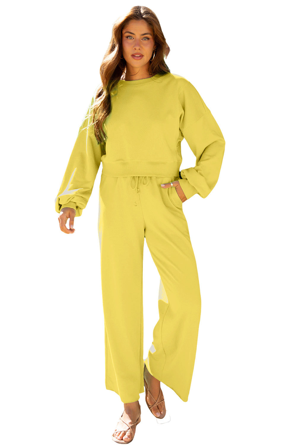 Yellow Cream Drop Shoulder Puff Sleeve Crop Pullover Drawstring Wide Leg Pants Set
