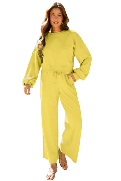 Yellow Cream Drop Shoulder Puff Sleeve Crop Pullover Drawstring Wide Leg Pants Set