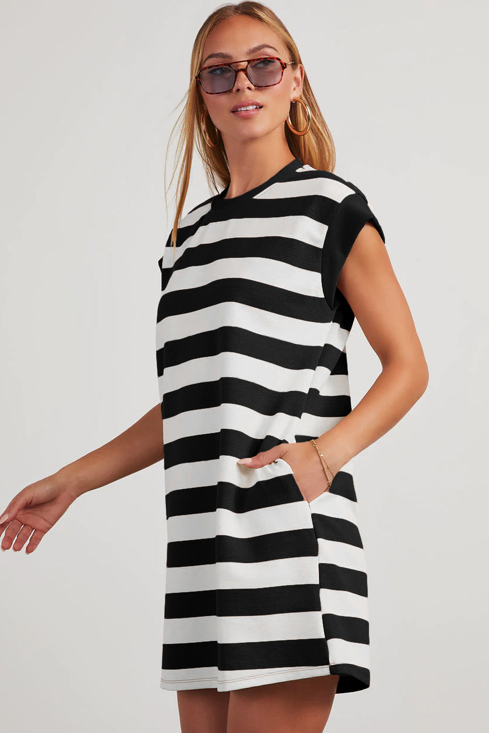 Black Stripe Cap Sleeve Shift T Shirt Dress